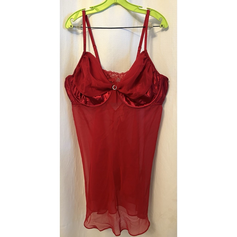 Cacique Red Babydoll Nightgown & Panty Set NWT 22/24 3X Satin Sheer